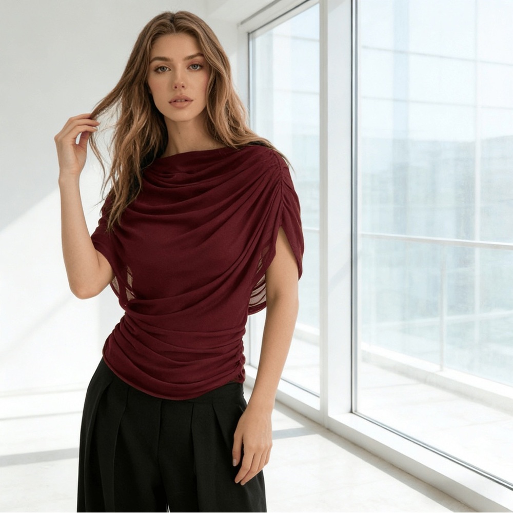 Women's Draped Burgundy Ruched Boatneck Blouse